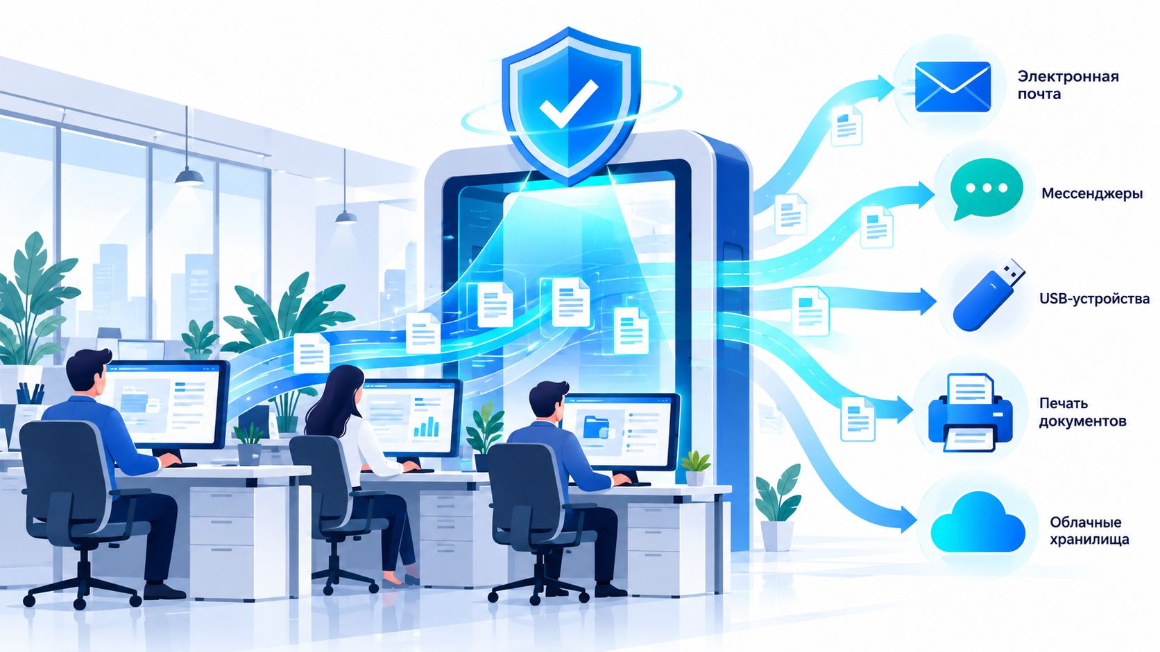 Каналы контроля DLP-системы: электронная почта, мессенджеры, USB-устройства, печать документов и облачные хранилища