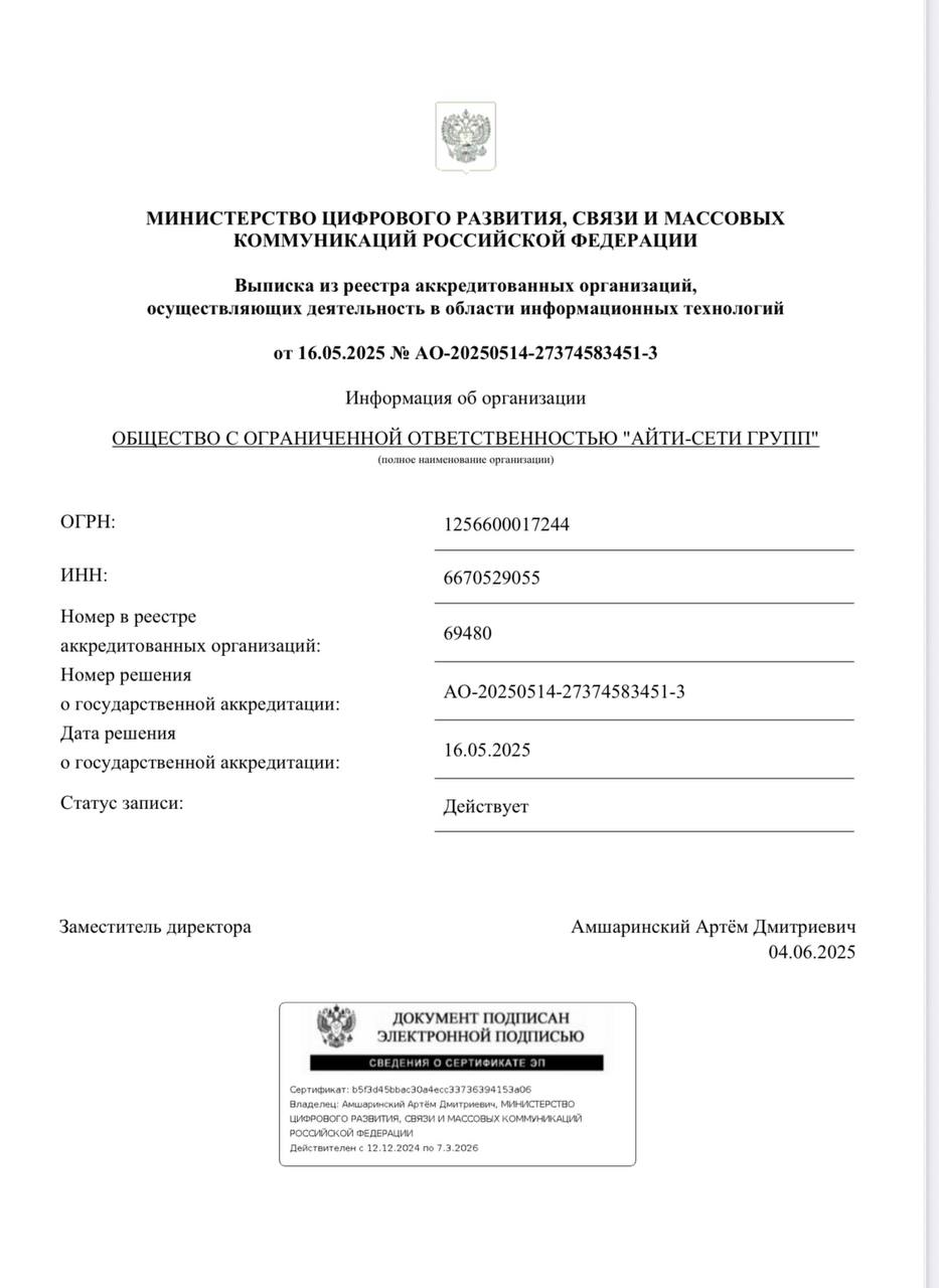 Выписка из реестра аккредитованных IT-организаций для ООО АЙТИ-СЕТИ ГРУПП